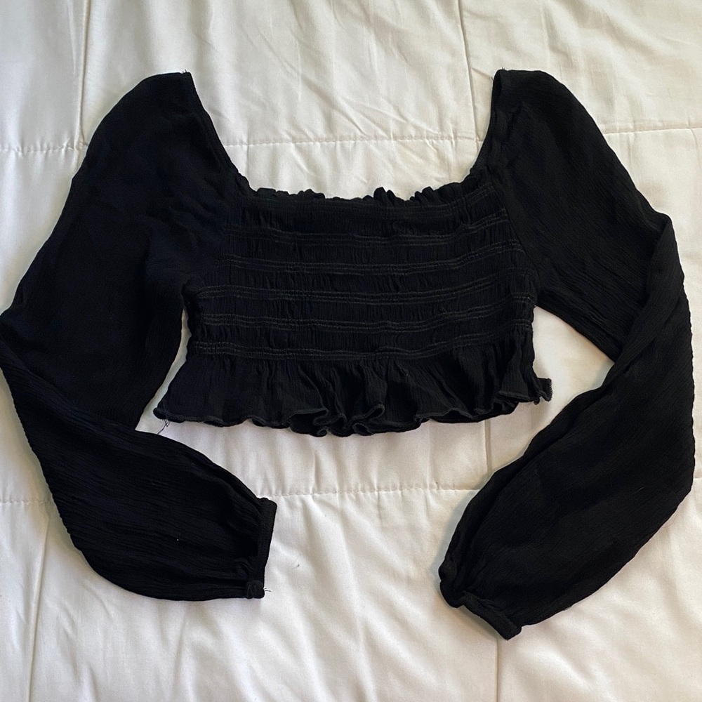 Black Smocked Long-Sleeve Square Neck Crop Top